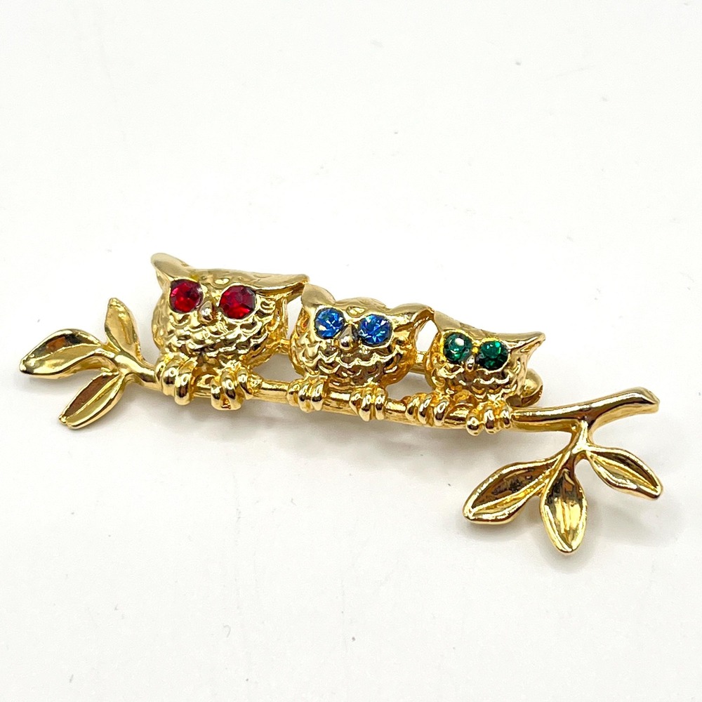 Vintage Gold Tone 3 Owls Perching on Branch Brooch w/ Colorful Rhinestone Eyes